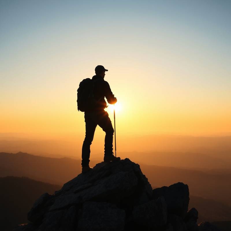Amanecer en la cima de una montaña, con un senderista observando el paisaje.