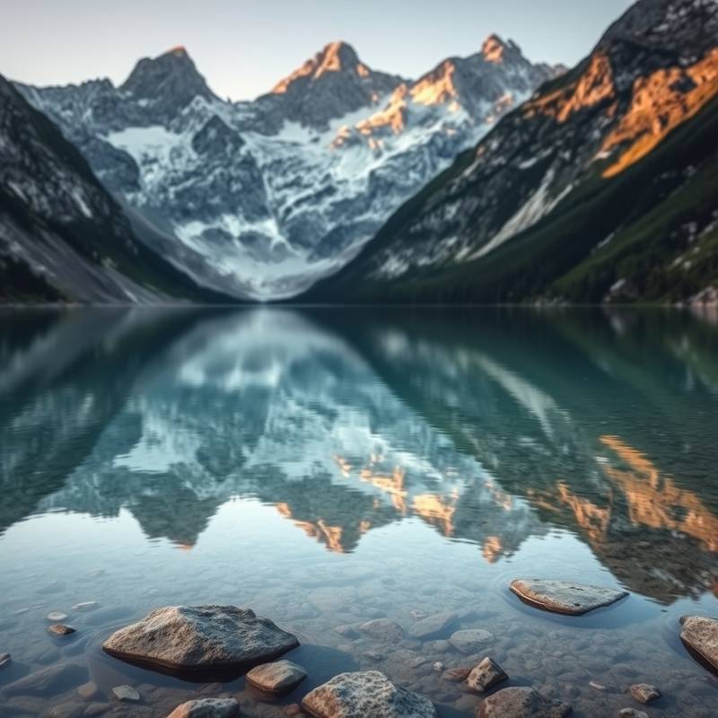 Lago de montaña en los Pirineos con montañas reflejadas en el agua.