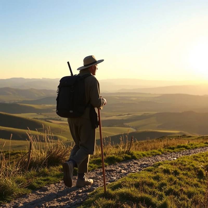 Peregrino caminando por el camino de santiago en la meseta castellana.