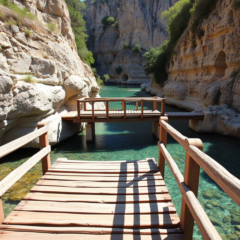 Puente de madera sobre río cristalino en la ruta del agua en Andalucía.