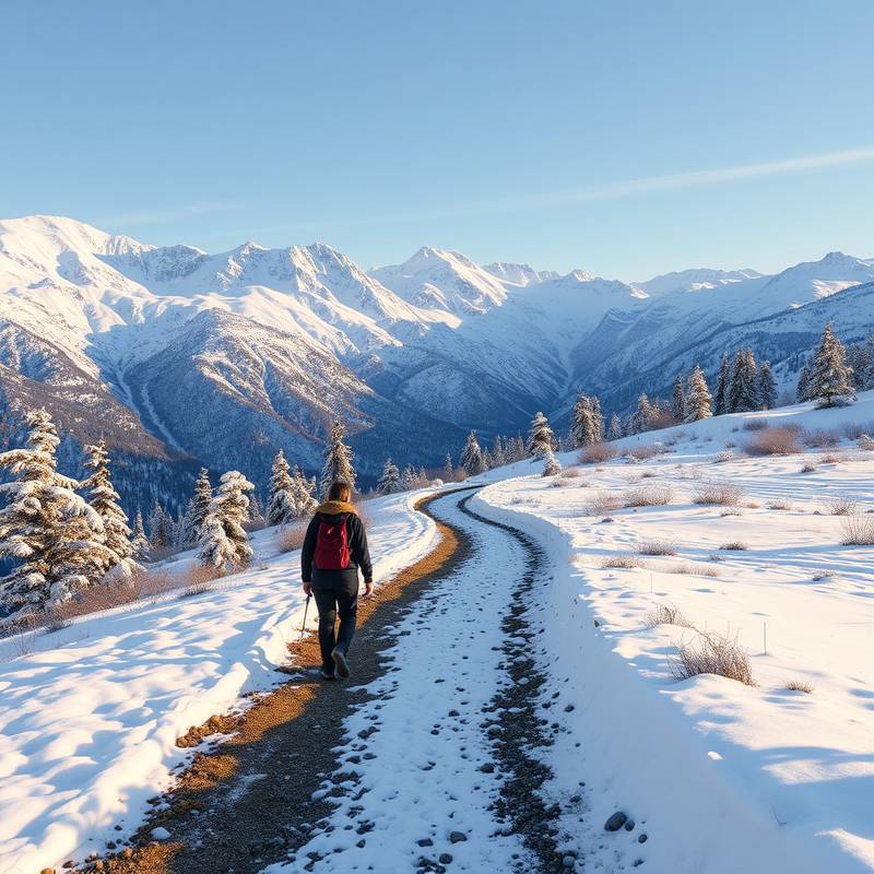 Senderista caminando por un sendero nevado en Sierra Nevada.