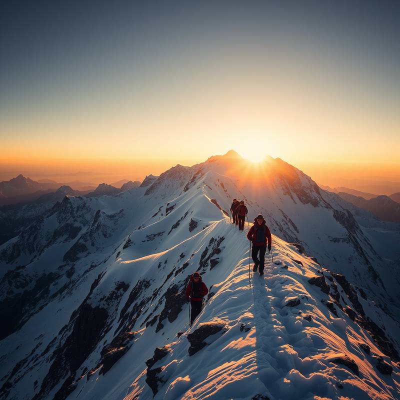 Senderistas ascendiendo la cima nevada del Mulhacén en Sierra Nevada.