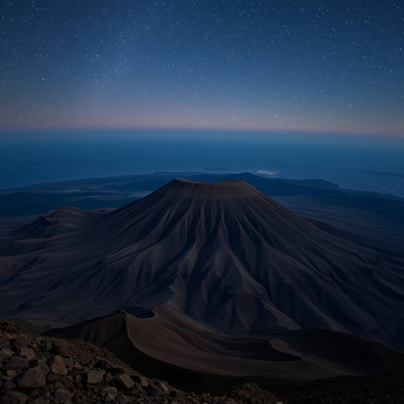 Vista panorámica del volcán Teide en Tenerife con un cielo estrellado impresionante.